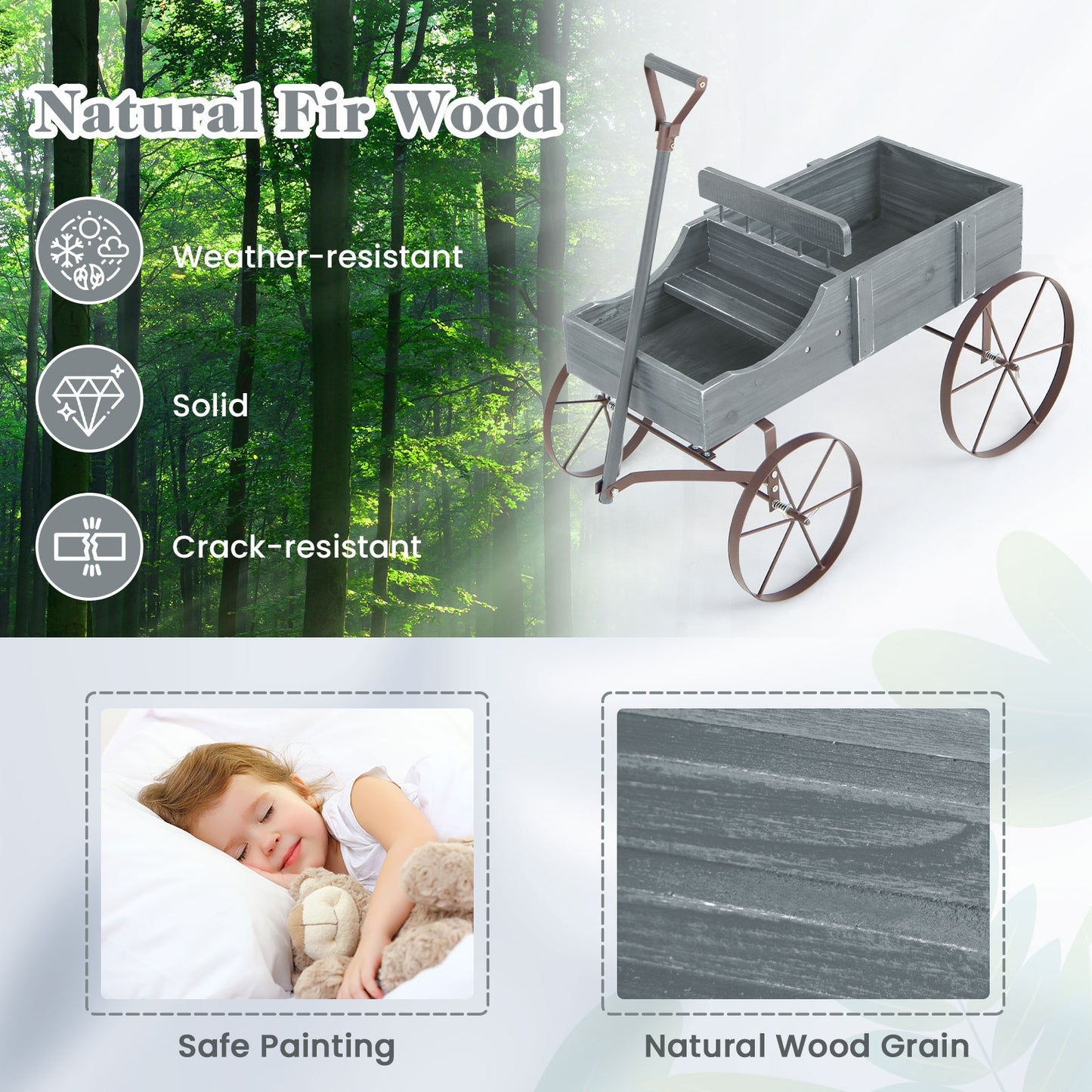 Wooden Wagon Plant Bed with Metal Wheels for Garden Yard Patio, Gray Plant Stands at Gallery Canada
