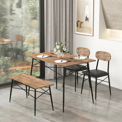 4 Piece Dining Table Set with Bench and 2 Chairs, Brown