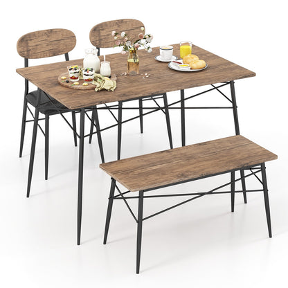 4 Piece Dining Table Set with Bench and 2 Chairs, Brown