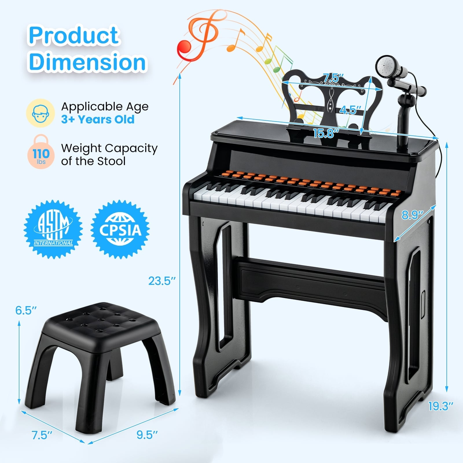 37 Keys Piano Keyboard With Microphone, Detachable Music Stand, Black Pianos & Keyboards at Gallery Canada