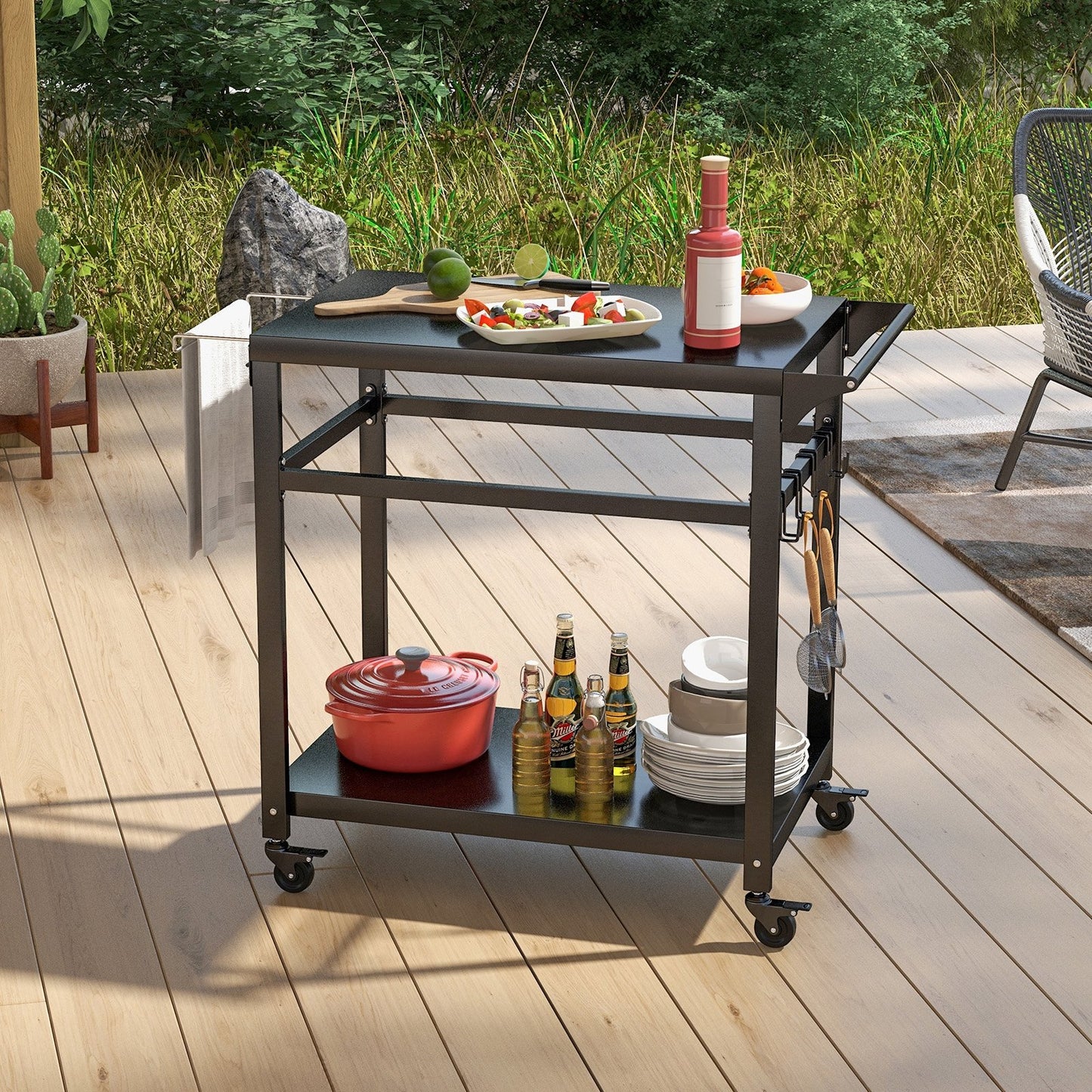Double-Shelf Movable BBQ Cart with 4 Lockable Wheels, Black