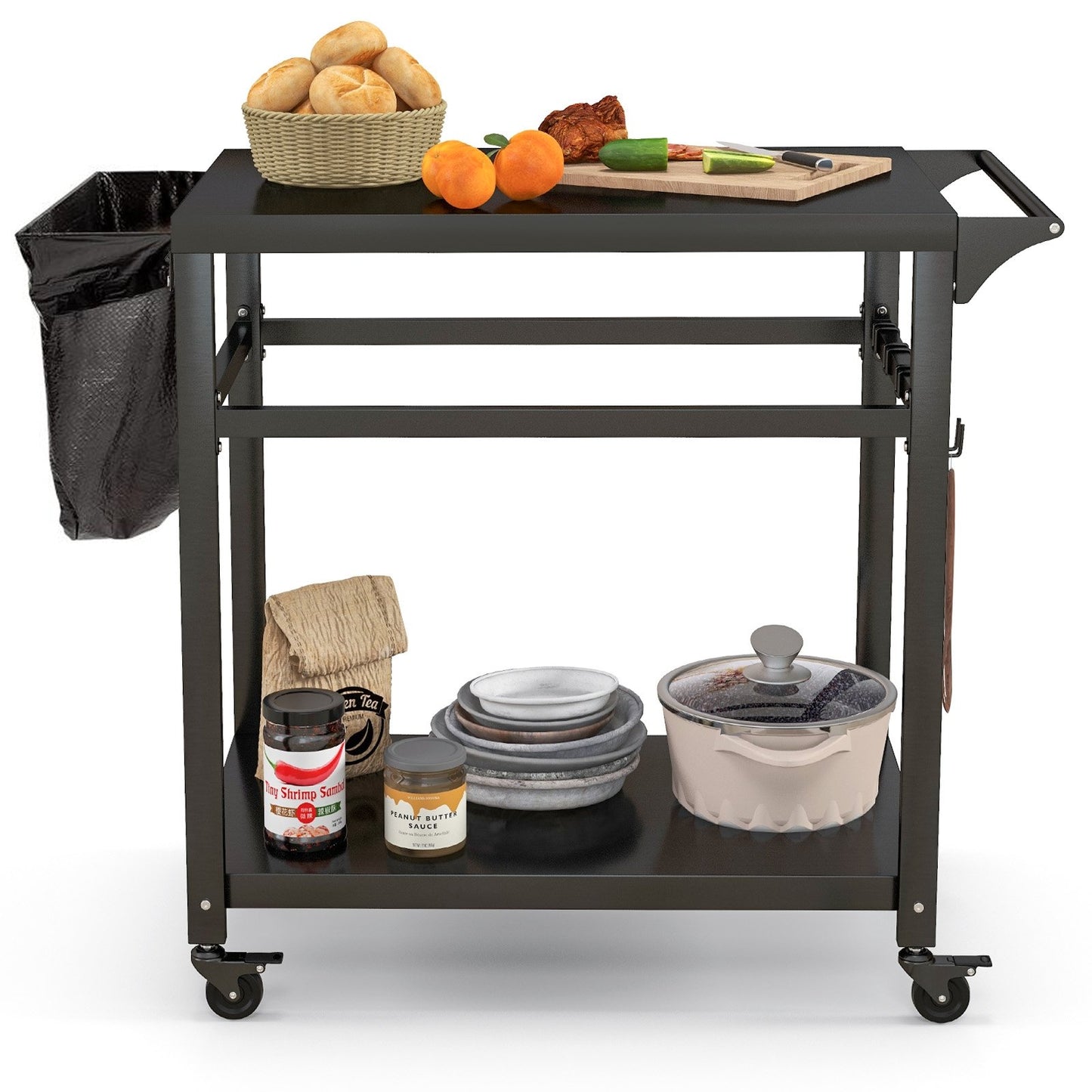 Double-Shelf Movable BBQ Cart with 4 Lockable Wheels, Black