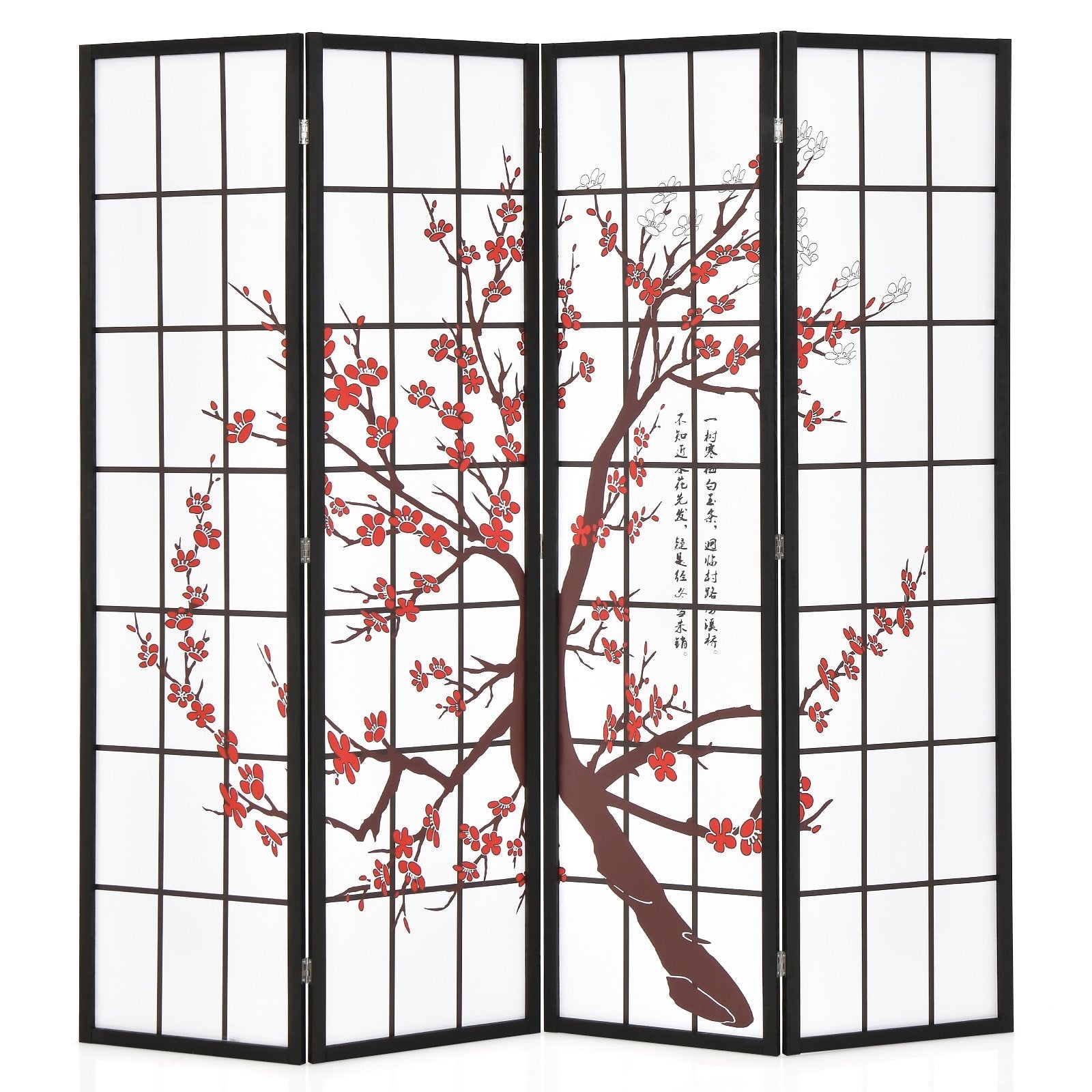 6 Feet Folding Decorative Oriental Privacy Screen with Plum Blossom Design, White Room Dividers at Gallery Canada