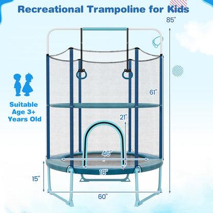 60" Trampoline with Gymnastic Bar and Rings for Kids, Blue
