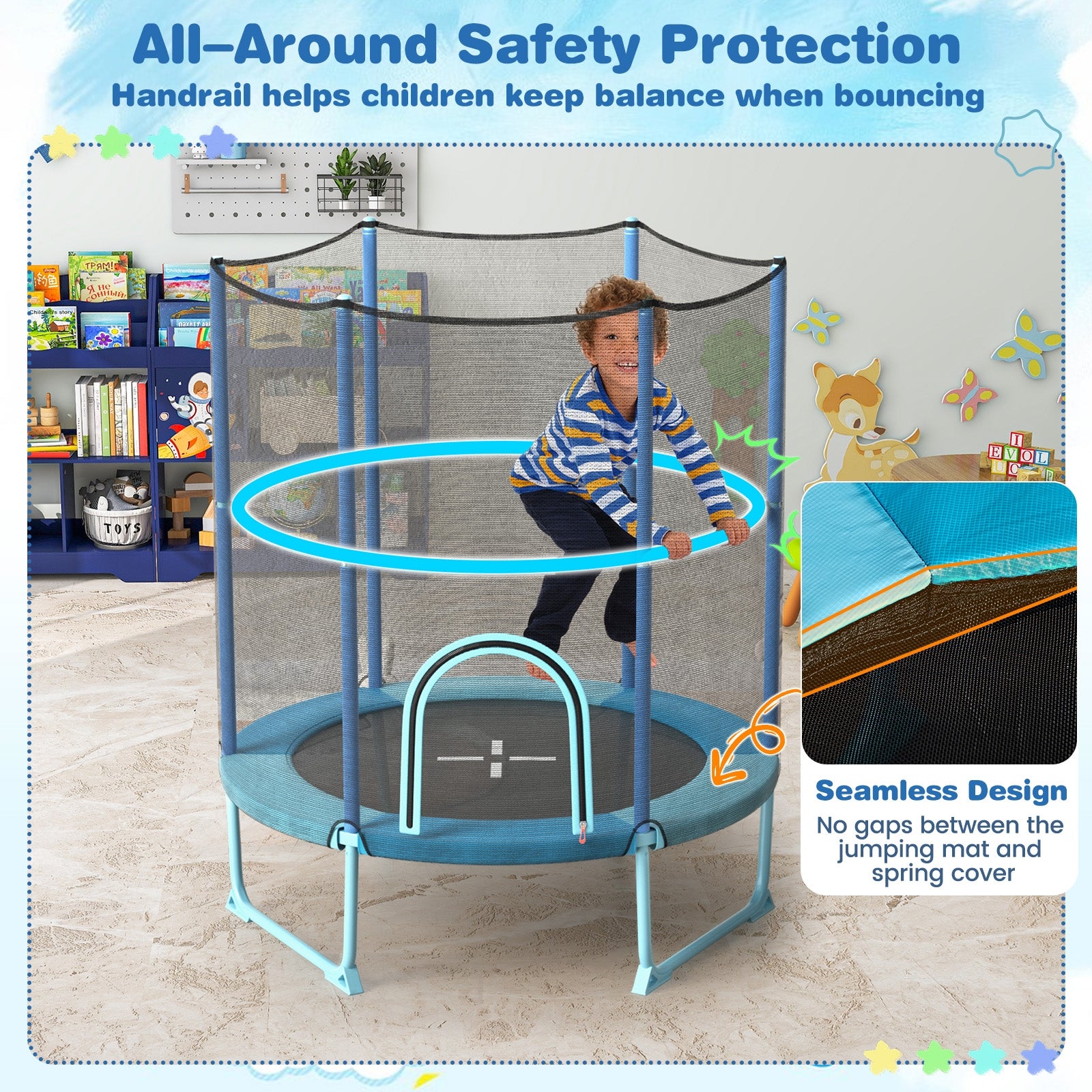 60 Inch Trampoline with Gymnastic Bar and Rings for Kids, Blue Trampolines at Gallery Canada
