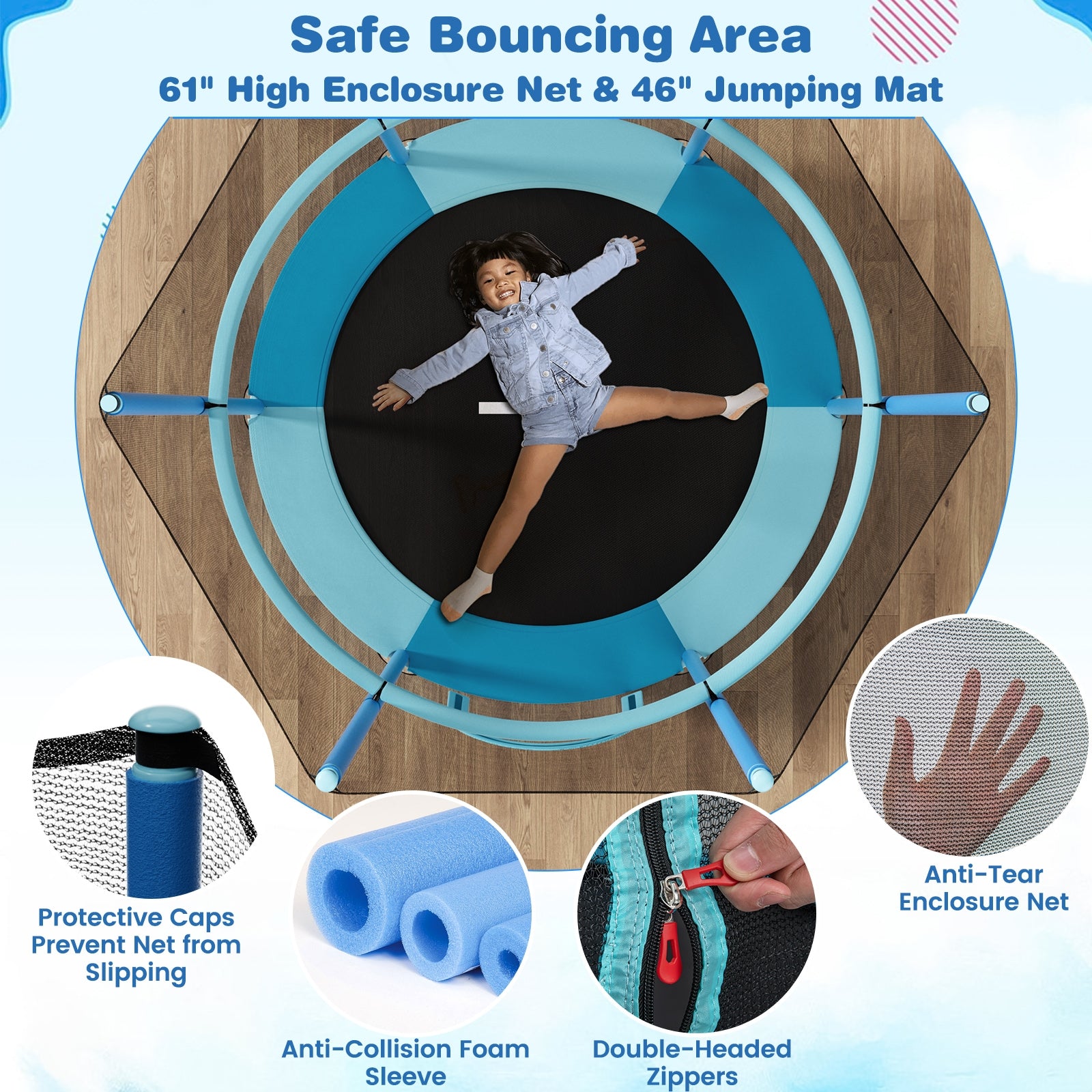 60 Inch Trampoline with Gymnastic Bar and Rings for Kids, Blue Trampolines at Gallery Canada