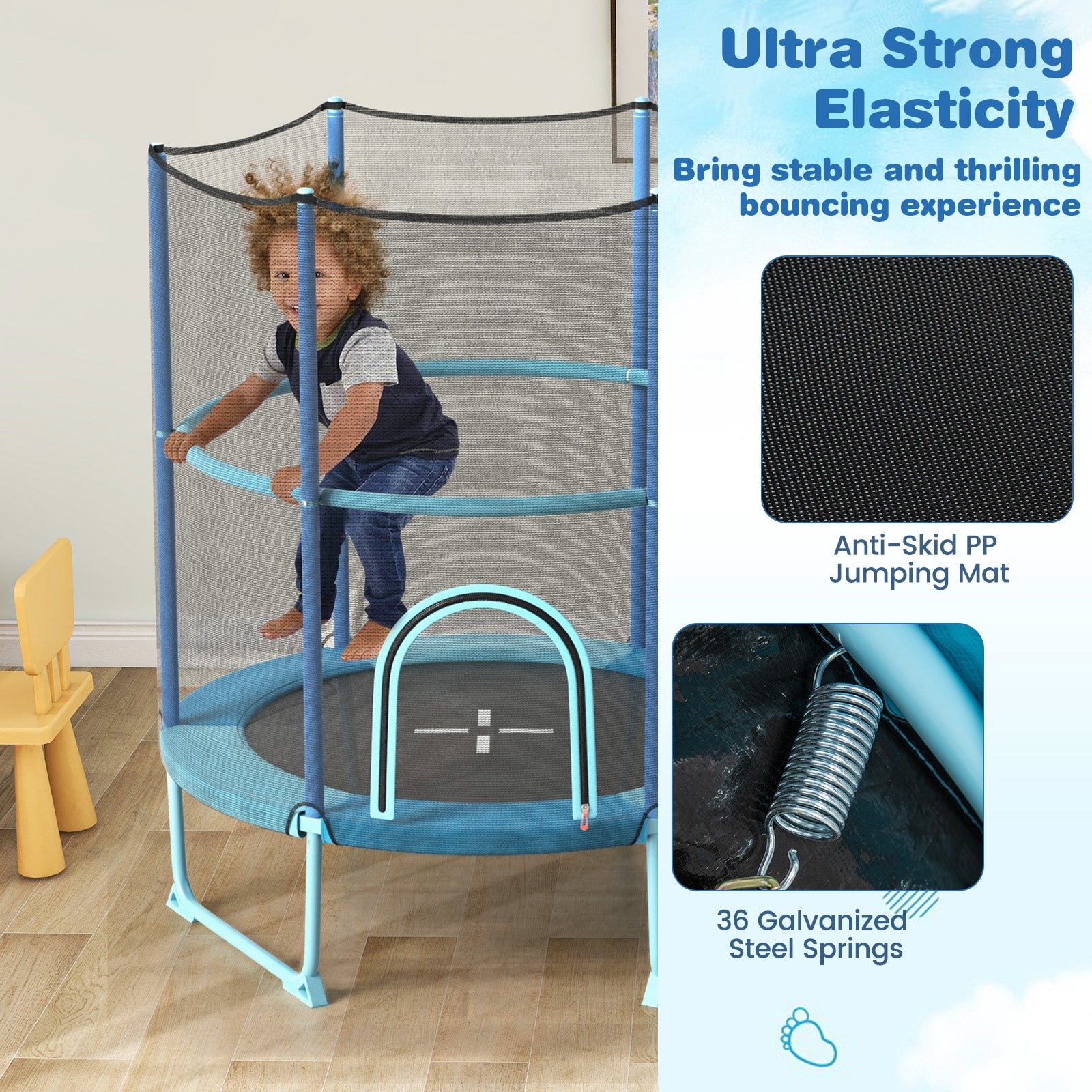 60 Inch Trampoline with Gymnastic Bar and Rings for Kids, Blue Trampolines at Gallery Canada