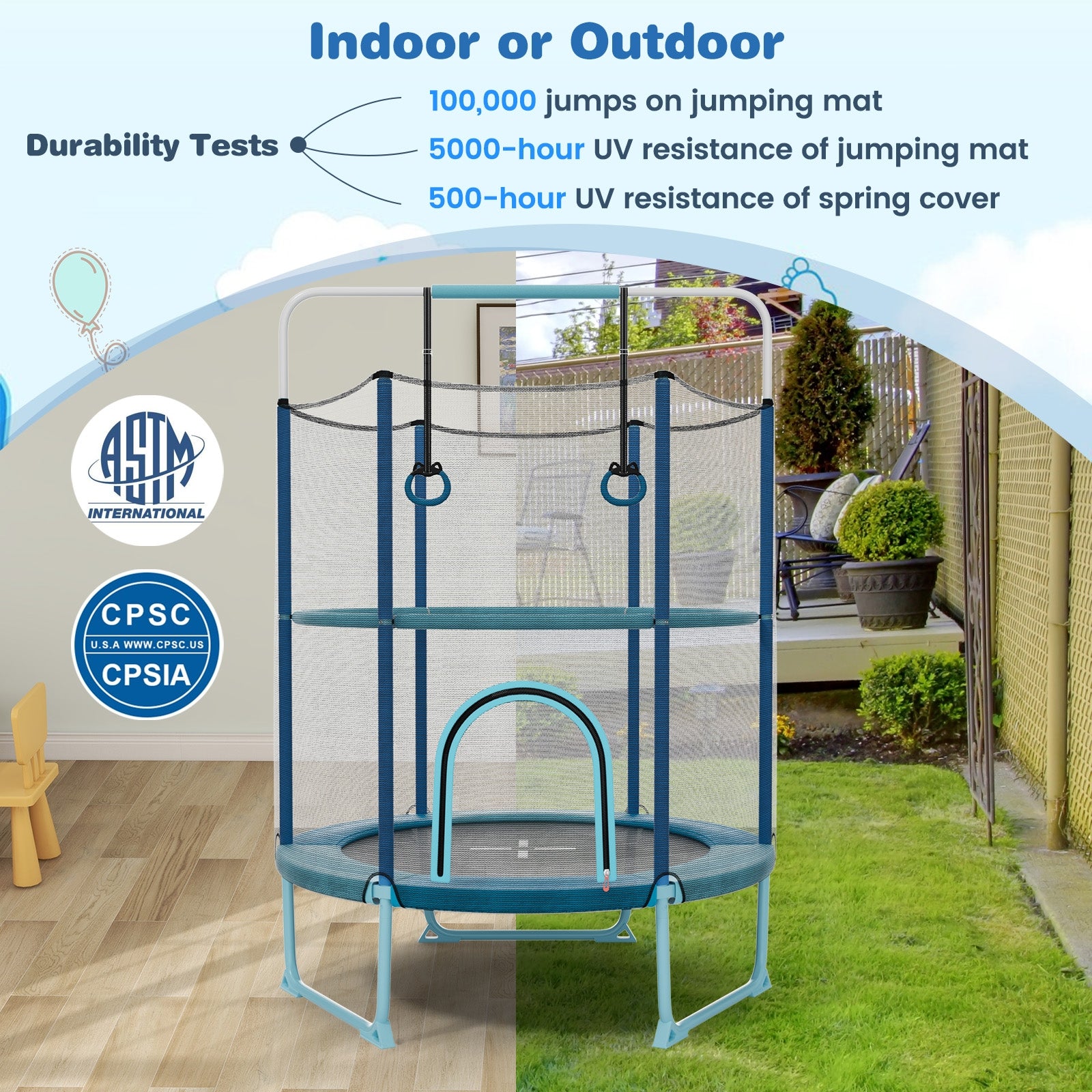 60 Inch Trampoline with Gymnastic Bar and Rings for Kids, Blue Trampolines at Gallery Canada