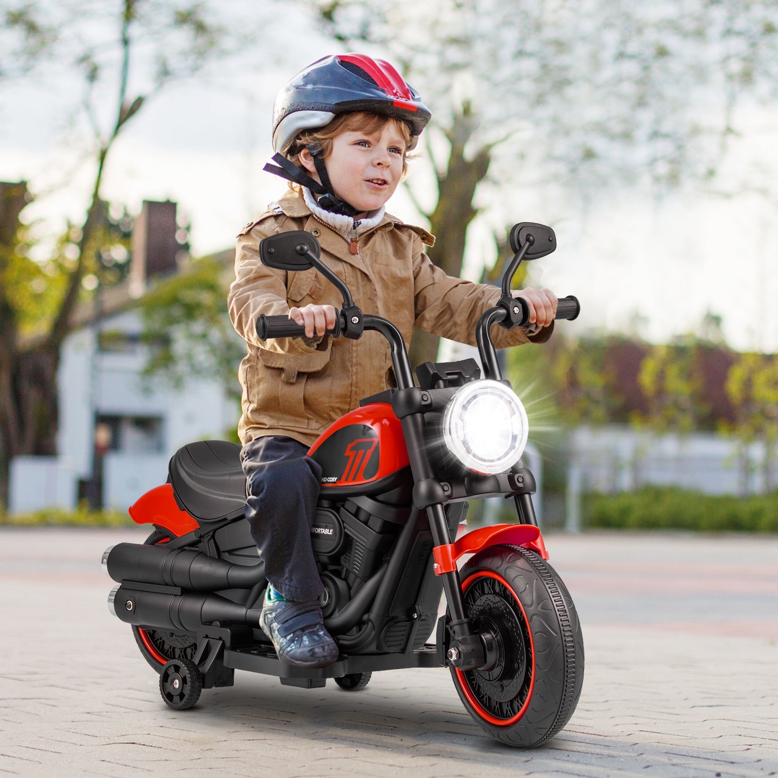 Kids Electric Motorcycle with Training Wheels and LED Headlights, Red Powered Ride On Toys at Gallery Canada