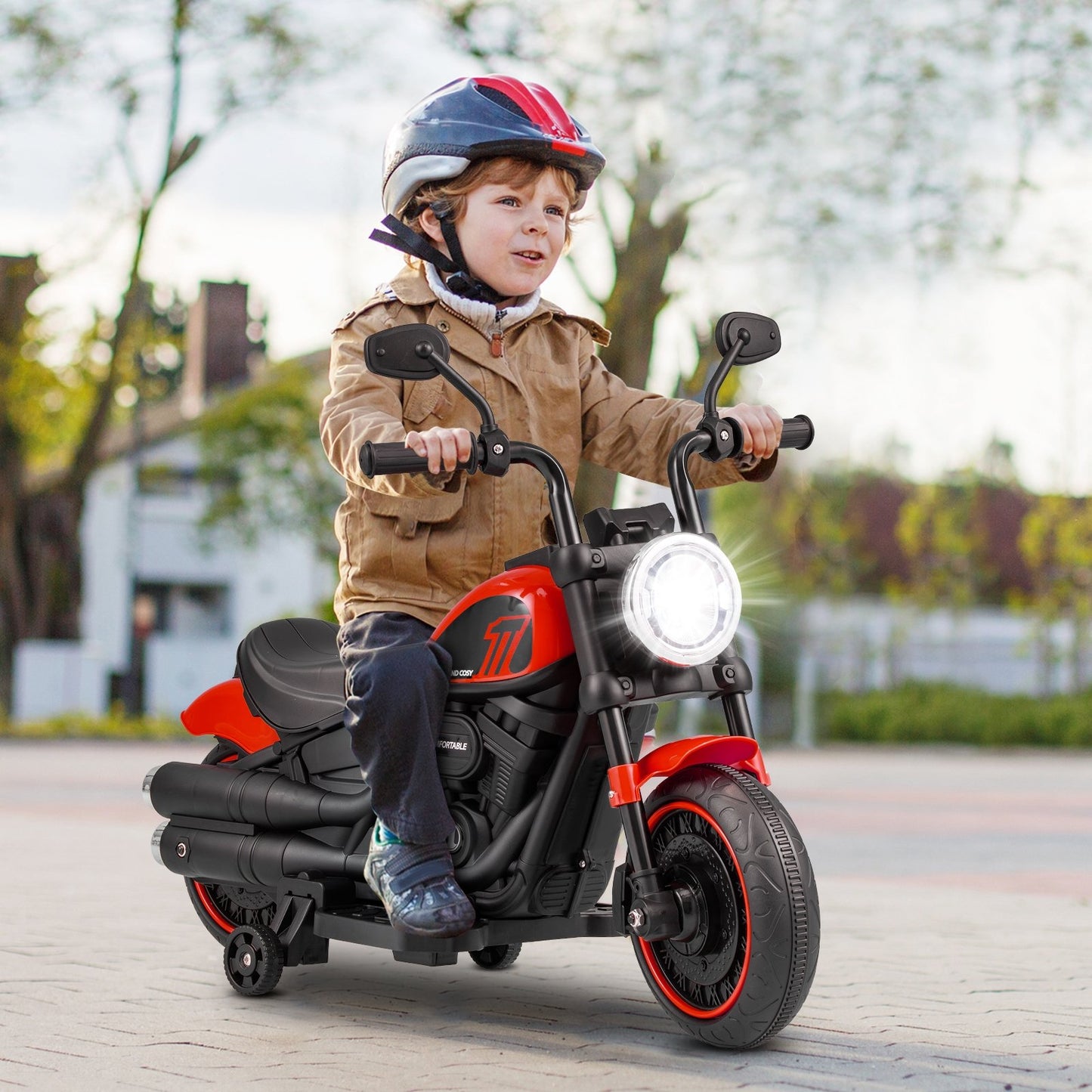 Kids Electric Motorcycle with Training Wheels and LED Headlights, Red