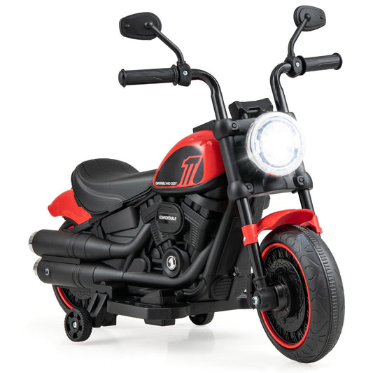 Kids Electric Motorcycle with Training Wheels and LED Headlights, Red