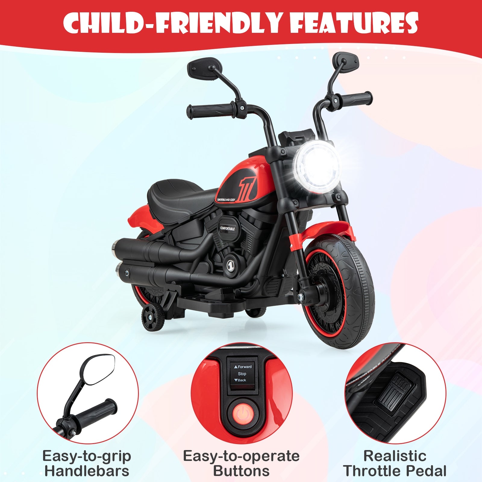 Kids Electric Motorcycle with Training Wheels and LED Headlights, Red Powered Ride On Toys at Gallery Canada