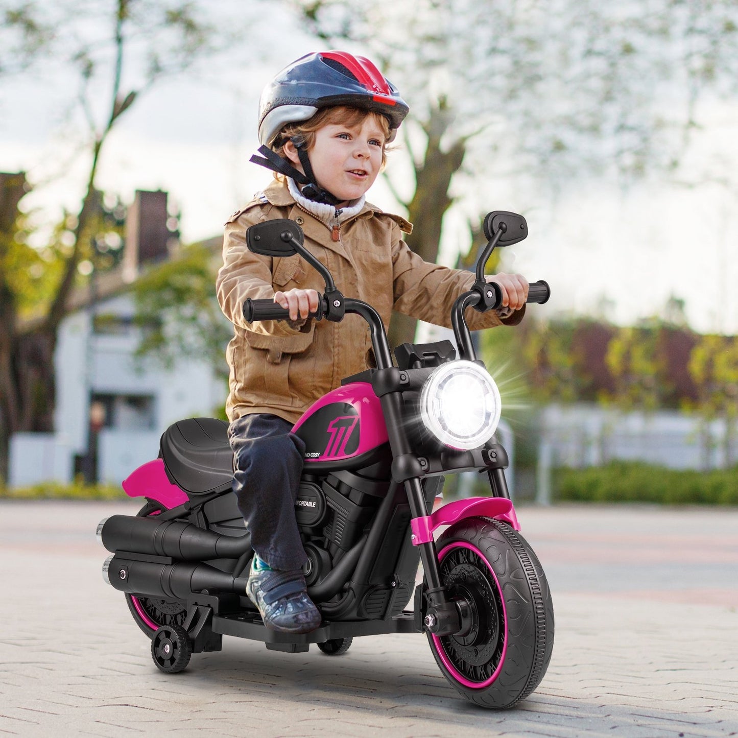 Kids Electric Motorcycle with Training Wheels and LED Headlights, Pink