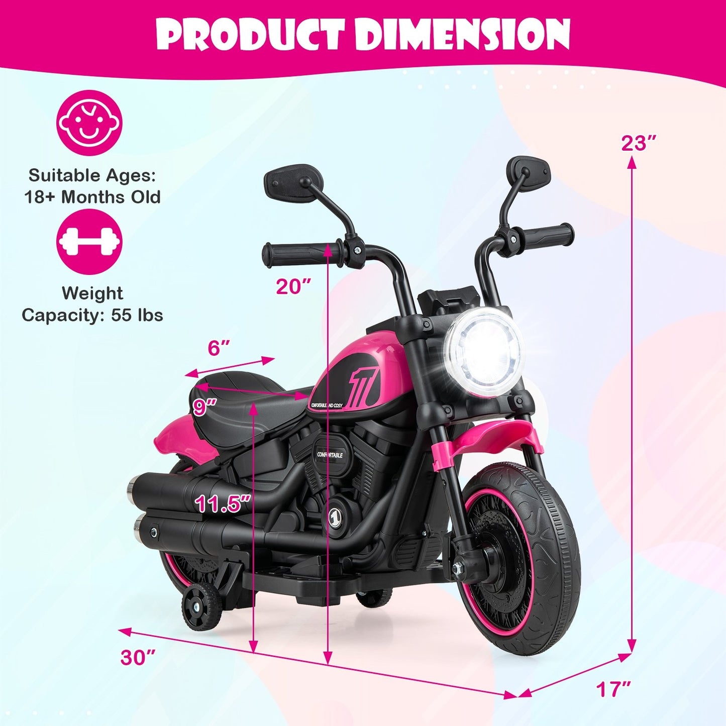 Kids Electric Motorcycle with Training Wheels and LED Headlights, Pink