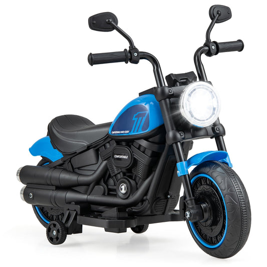 Kids Electric Motorcycle with Training Wheels and LED Headlights, Blue