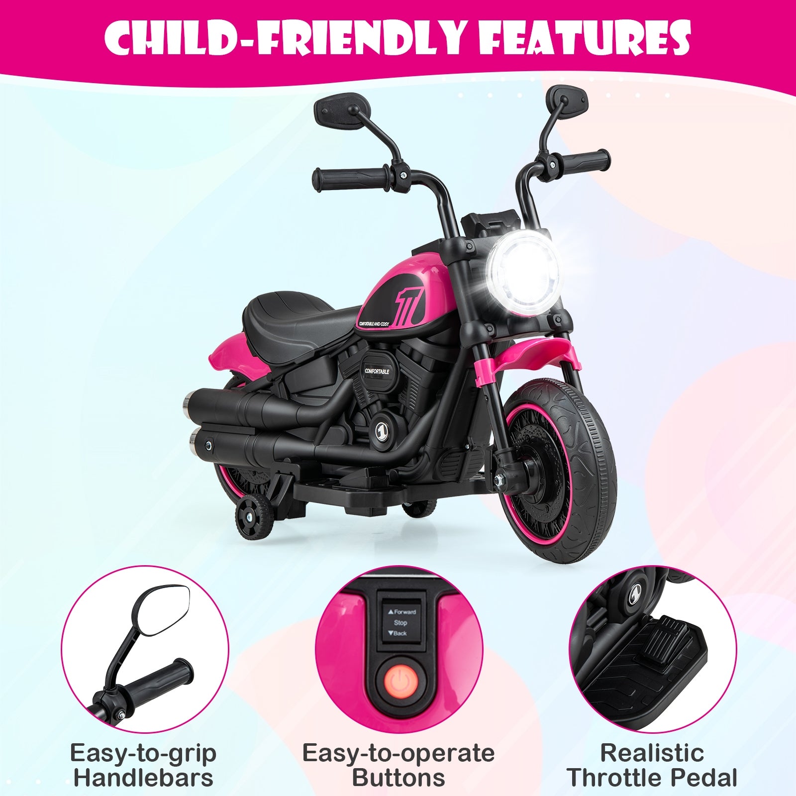 Kids Electric Motorcycle with Training Wheels and LED Headlights, Pink Powered Ride On Toys at Gallery Canada