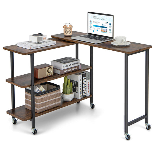 360° Rotating Side Table, 2-Tier Storage Shelves, Rustic Brown L-Shaped Desks Rustic Brown at Gallery Canada