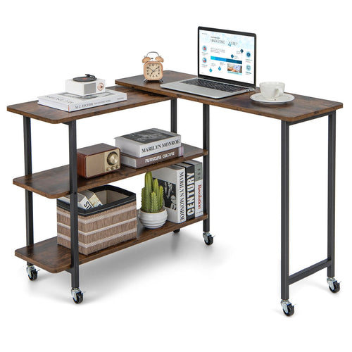 360° Rotating Side Table, 2-Tier Storage Shelves, Rustic Brown