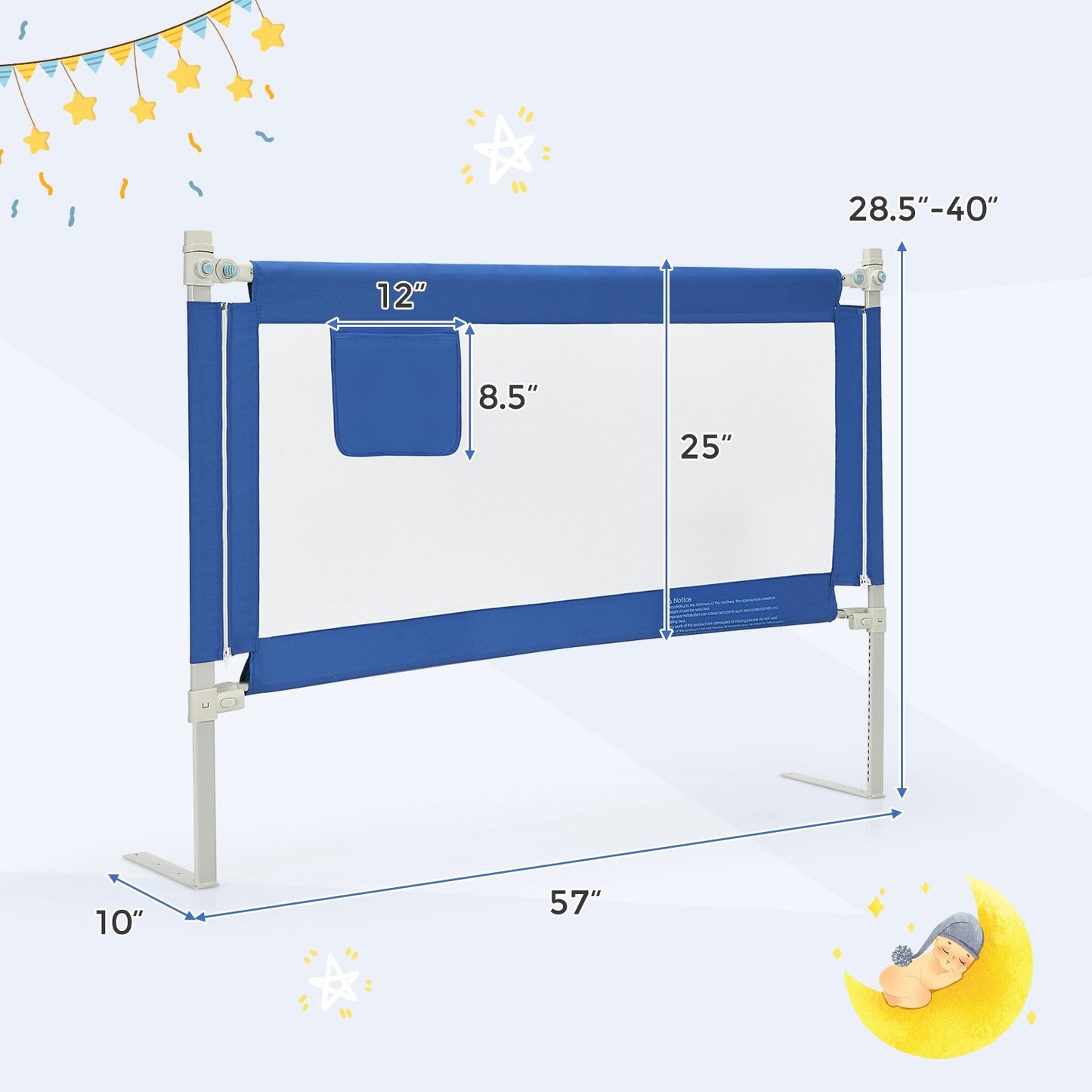 57 Inch Toddlers Vertical Lifting Baby Bed Rail Guard with Lock, Blue