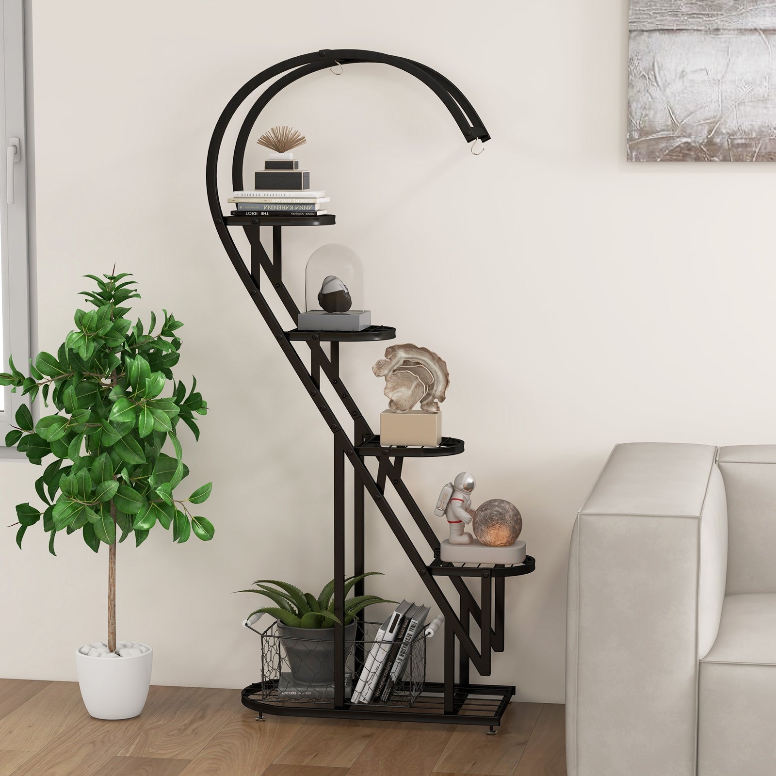 5 Tier Metal Plant Stand with Hanging Hook for Multiple Plants, Black Plant Stands at Gallery Canada