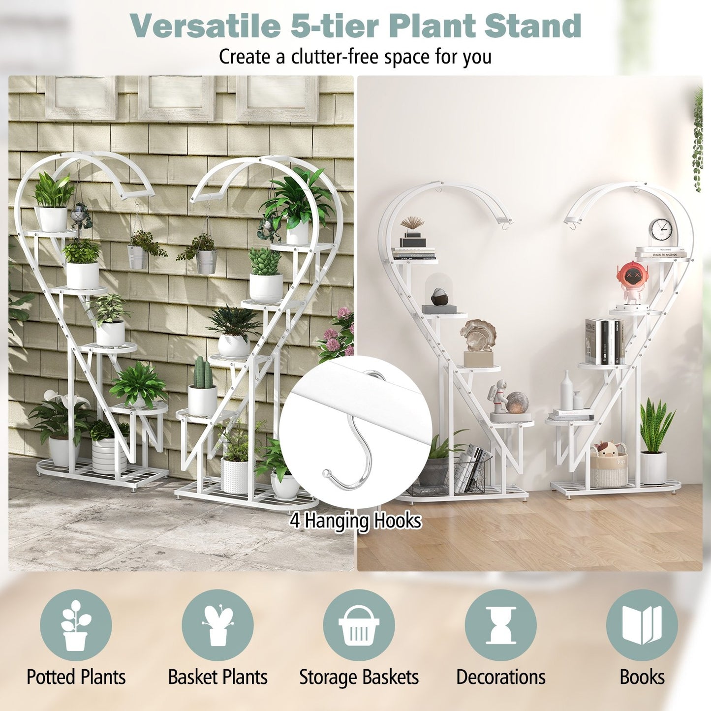 5 Tier Metal Plant Stand with Hanging Hook for Multiple Plants, White