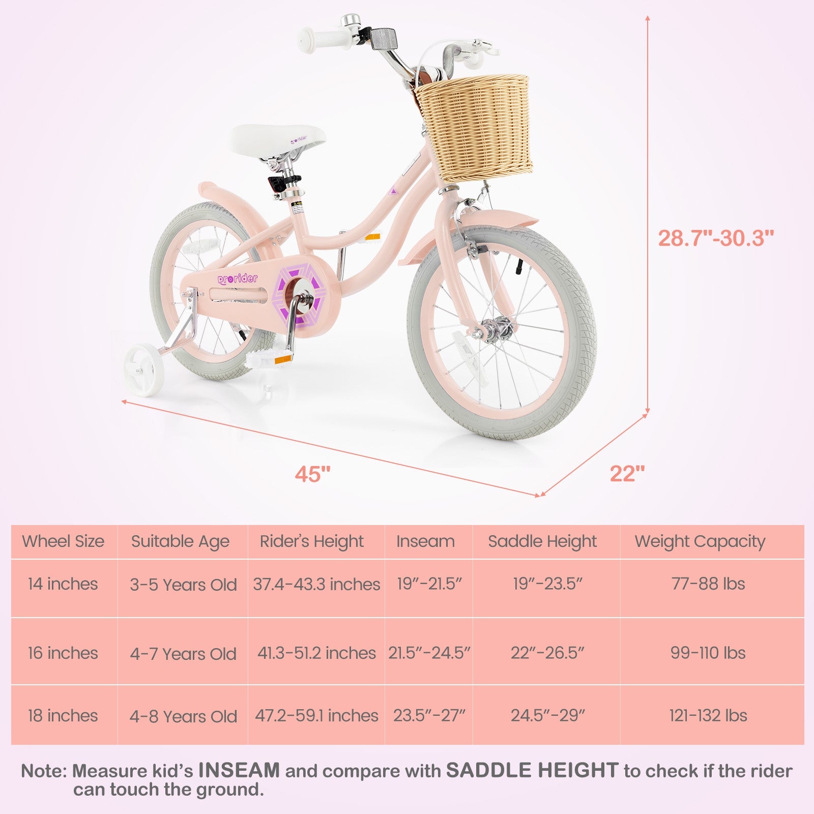 16-Inch Kids Bike with Training Wheels and Adjustable Handlebar Seat, Pink Kids Bike at Gallery Canada