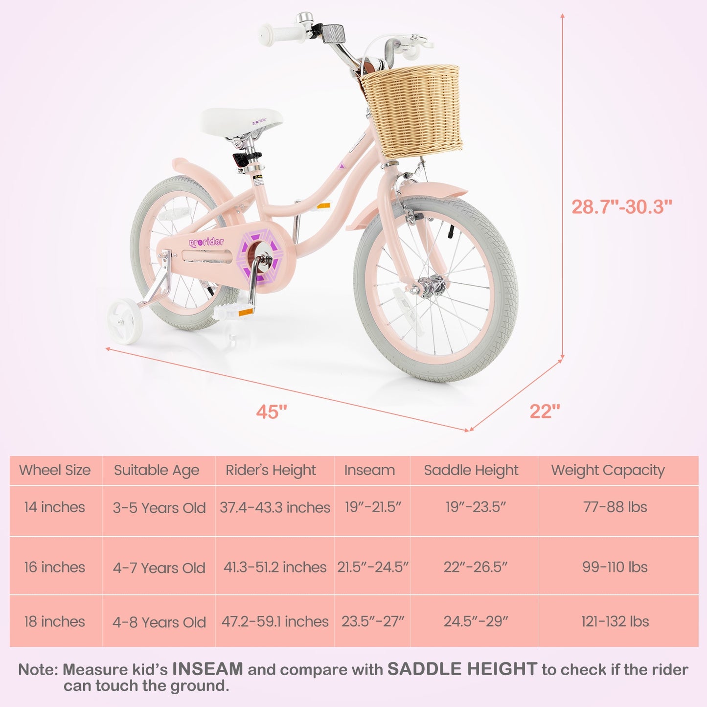 16-Inch Kids Bike with Training Wheels and Adjustable Handlebar Seat, Pink Kids Bike at Gallery Canada
