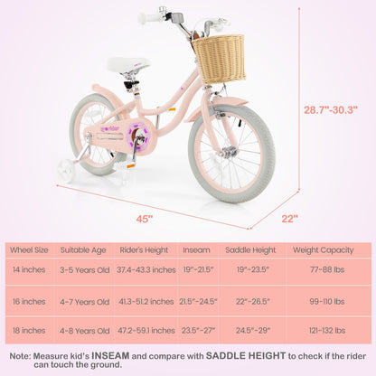 16-Inch Kids Bike with Training Wheels and Adjustable Handlebar Seat, Pink Kids Bike at Gallery Canada