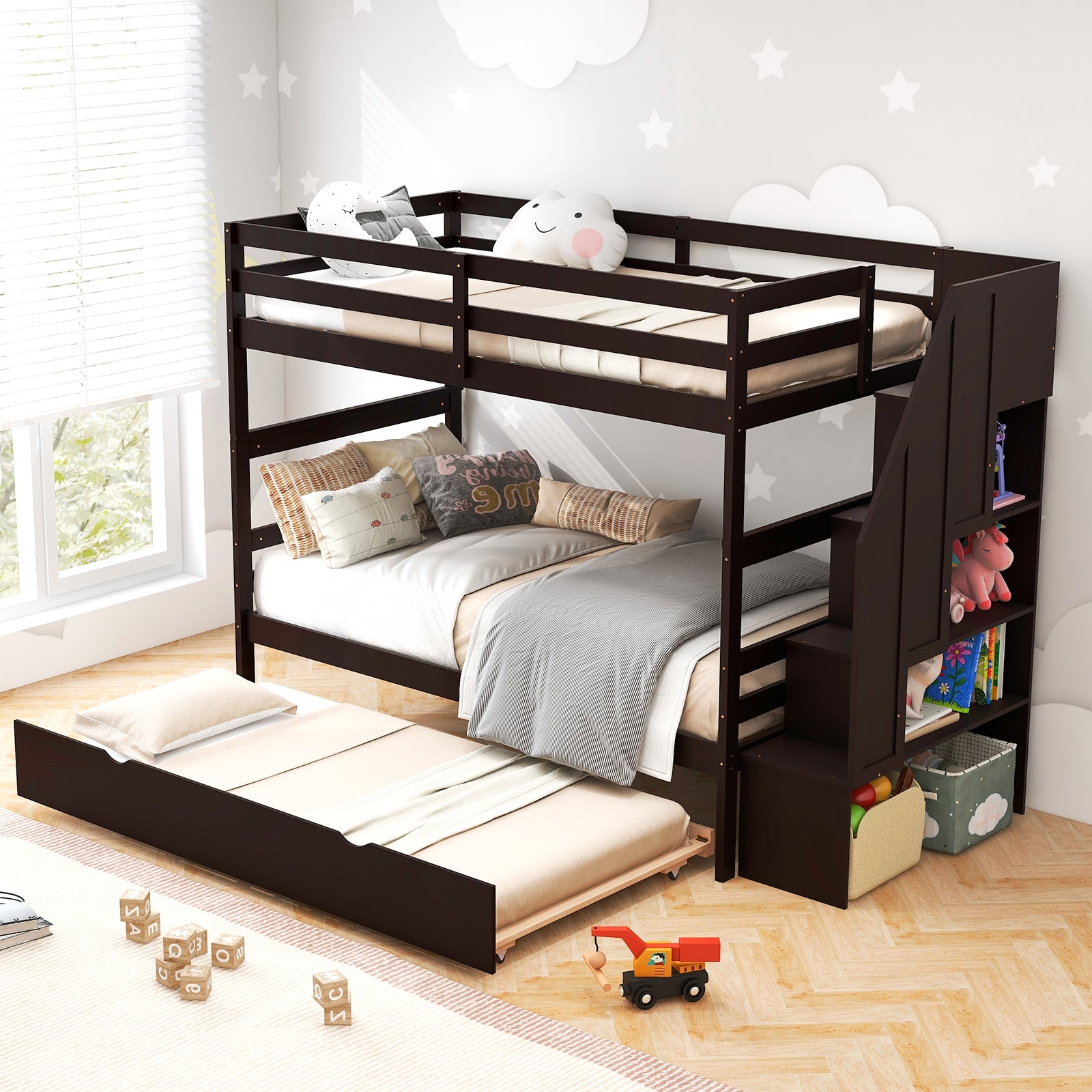Home Wood Bunk Bed with Guard Rail and 4-step Storage Stairs No Box Spring Needed, Brown Bunk Bed Frame at Gallery Canada