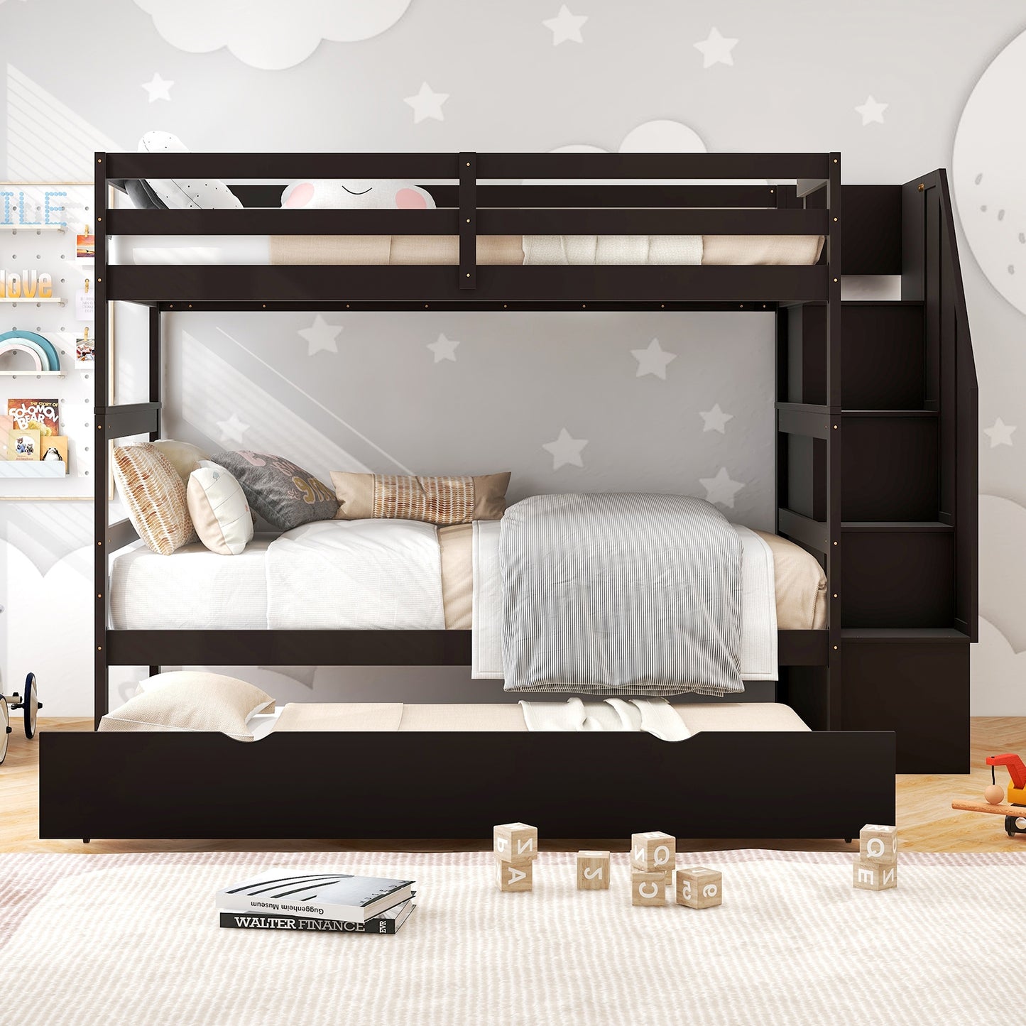 Home Wood Bunk Bed with Guard Rail and 4-step Storage Stairs No Box Spring Needed, Brown Bunk Bed Frame at Gallery Canada