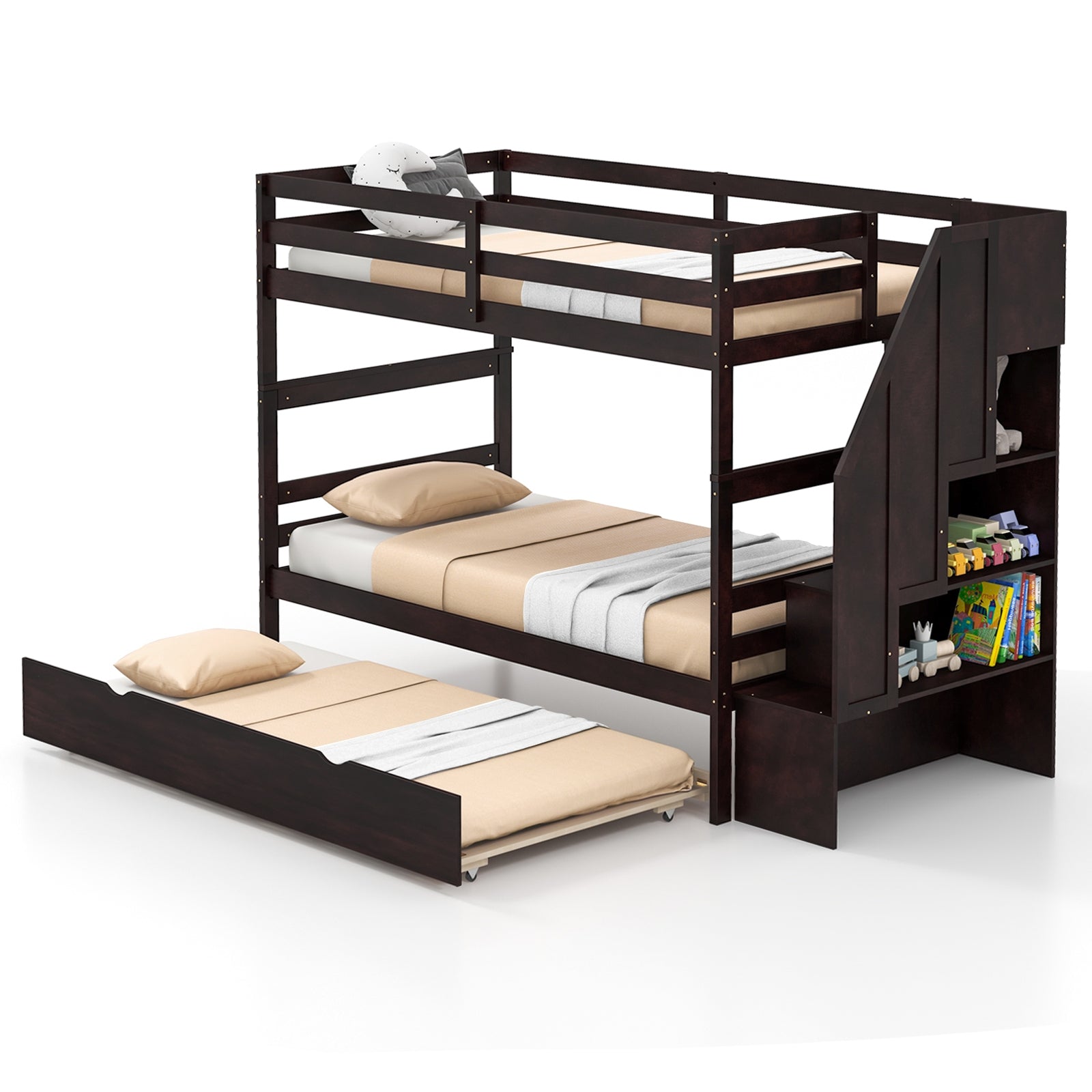 Home Wood Bunk Bed with Guard Rail and 4-step Storage Stairs No Box Spring Needed, Brown Bunk Bed Frame at Gallery Canada