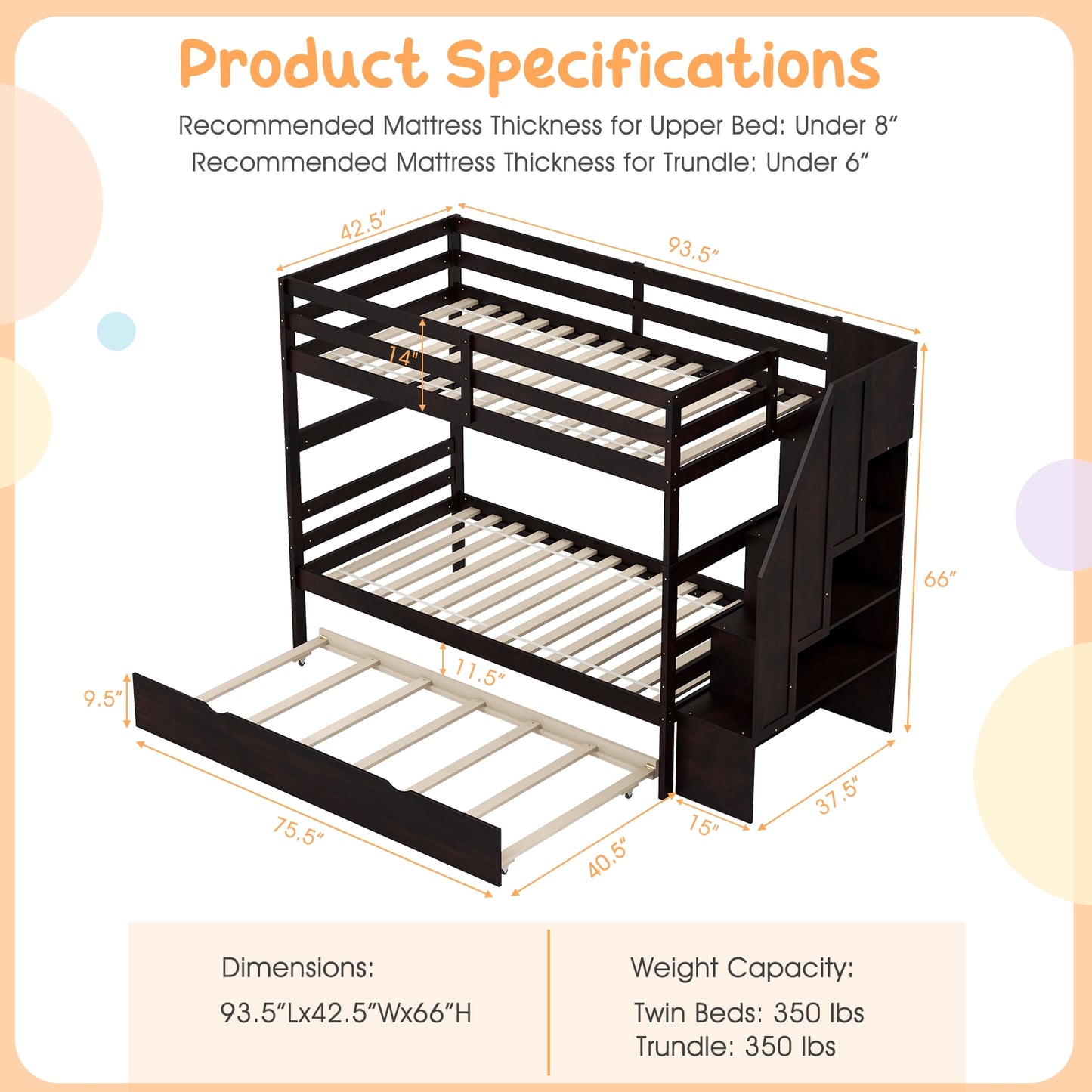 Home Wood Bunk Bed with Guard Rail and 4-step Storage Stairs No Box Spring Needed, Brown Bunk Bed Frame at Gallery Canada