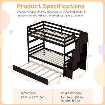 Home Wood Bunk Bed with Guard Rail and 4-step Storage Stairs No Box Spring Needed, Brown Bunk Bed Frame at Gallery Canada