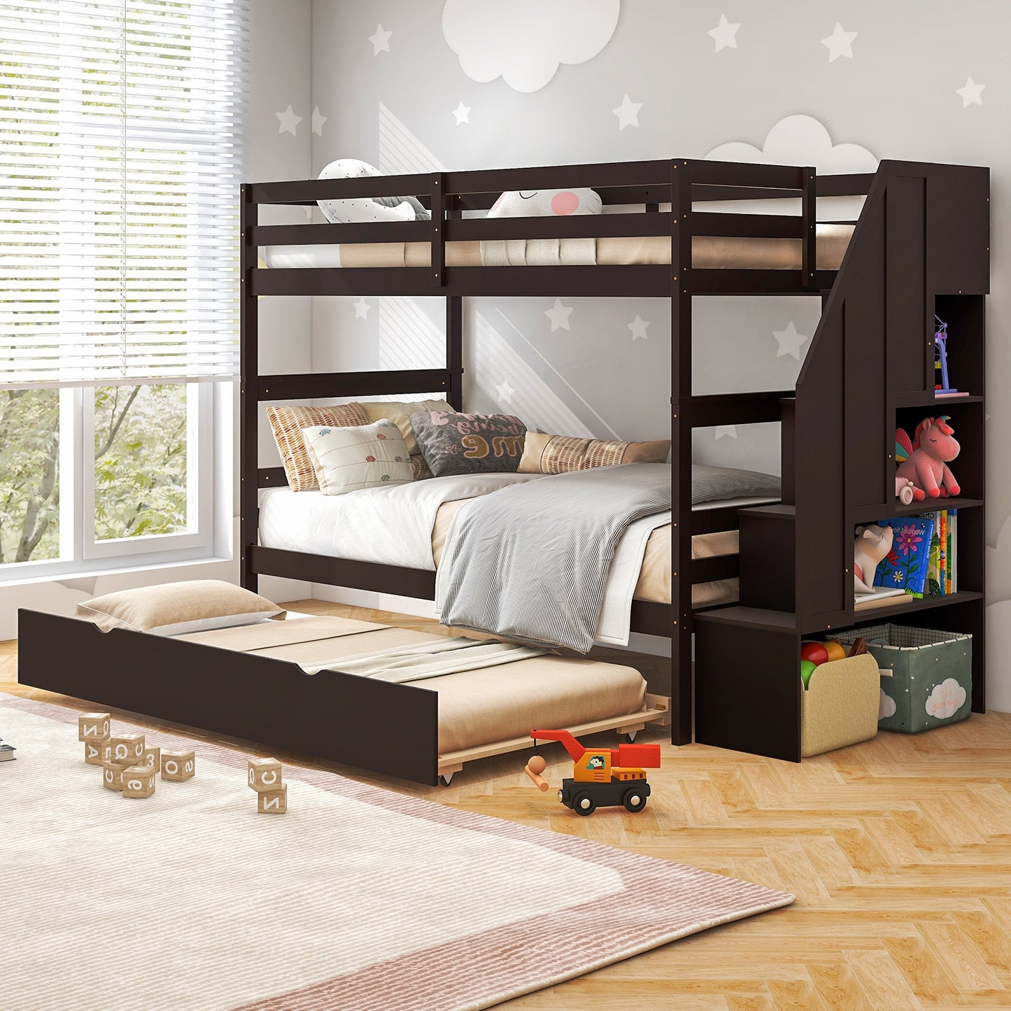 Home Wood Bunk Bed with Guard Rail and 4-step Storage Stairs No Box Spring Needed, Brown Bunk Bed Frame at Gallery Canada