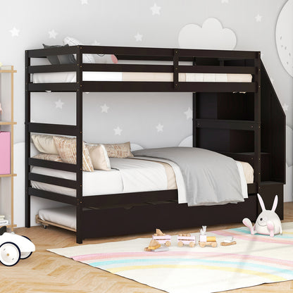 Home Wood Bunk Bed with Guard Rail and 4-step Storage Stairs No Box Spring Needed, Brown Bunk Bed Frame at Gallery Canada