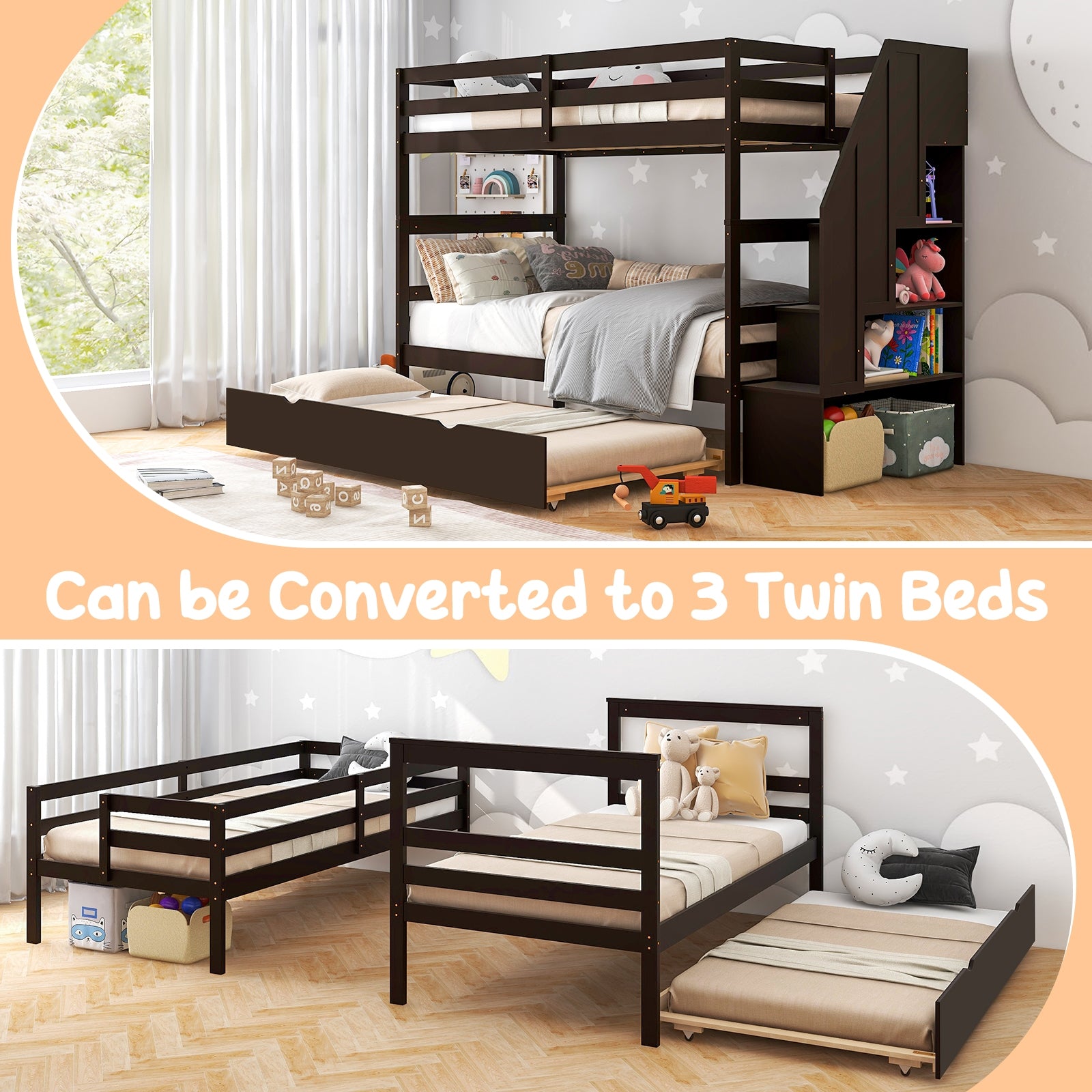 Home Wood Bunk Bed with Guard Rail and 4-step Storage Stairs No Box Spring Needed, Brown Bunk Bed Frame at Gallery Canada