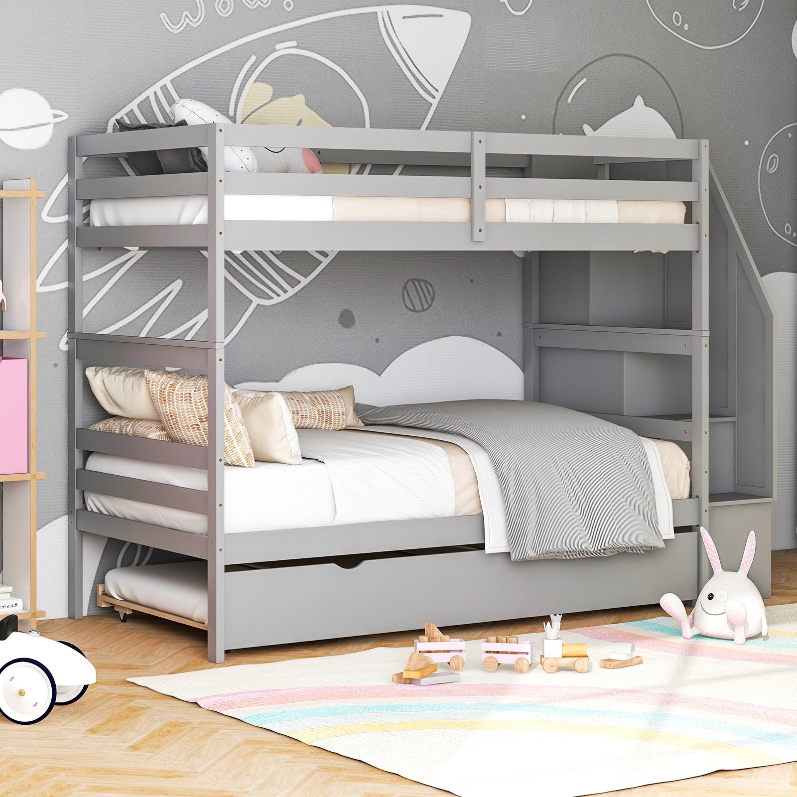 Home Wood Bunk Bed with Guard Rail and 4-step Storage Stairs No Box Spring Needed, Gray Bunk Bed Frame at Gallery Canada