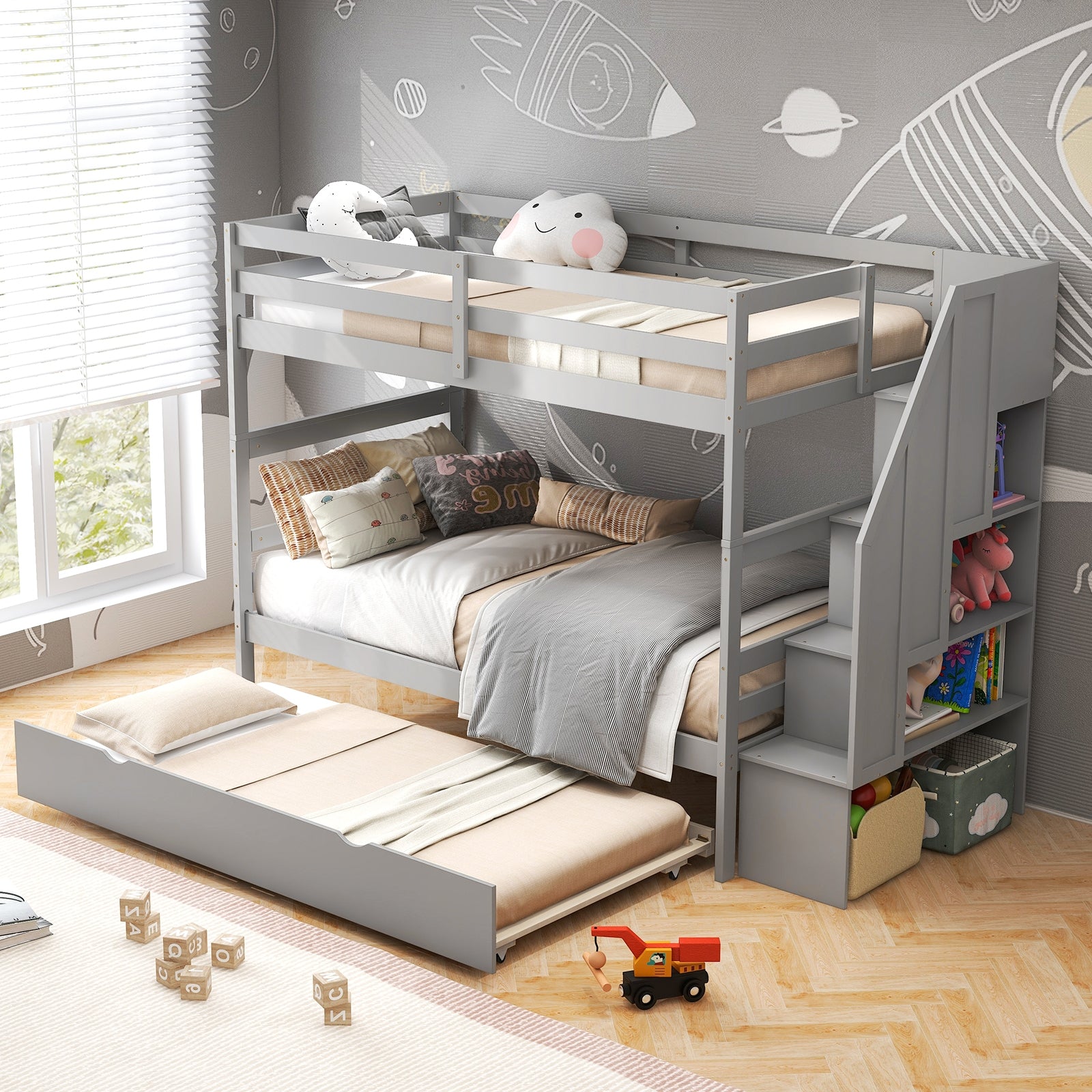 Home Wood Bunk Bed with Guard Rail and 4-step Storage Stairs No Box Spring Needed, Gray Bunk Bed Frame at Gallery Canada