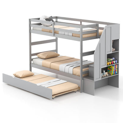 Home Wood Bunk Bed with Guard Rail and 4-step Storage Stairs No Box Spring Needed, Gray Bunk Bed Frame at Gallery Canada