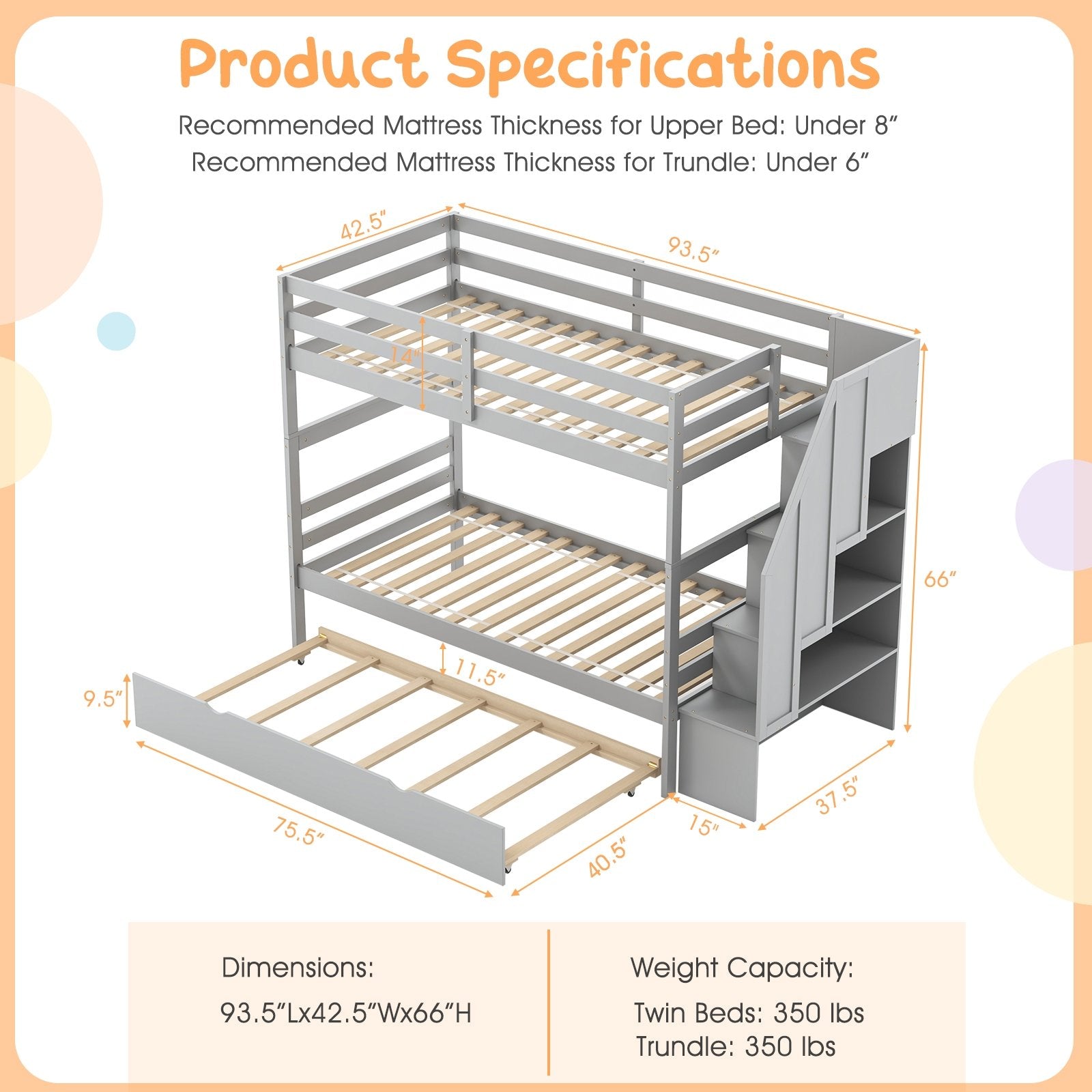 Home Wood Bunk Bed with Guard Rail and 4-step Storage Stairs No Box Spring Needed, Gray Bunk Bed Frame at Gallery Canada