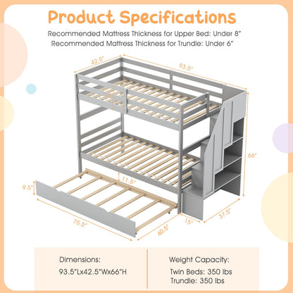 Home Wood Bunk Bed with Guard Rail and 4-step Storage Stairs No Box Spring Needed, Gray Bunk Bed Frame at Gallery Canada