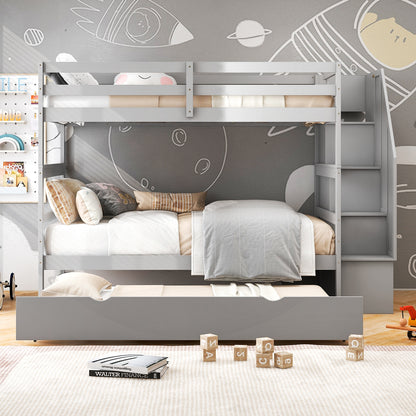 Home Wood Bunk Bed with Guard Rail and 4-step Storage Stairs No Box Spring Needed, Gray Bunk Bed Frame at Gallery Canada