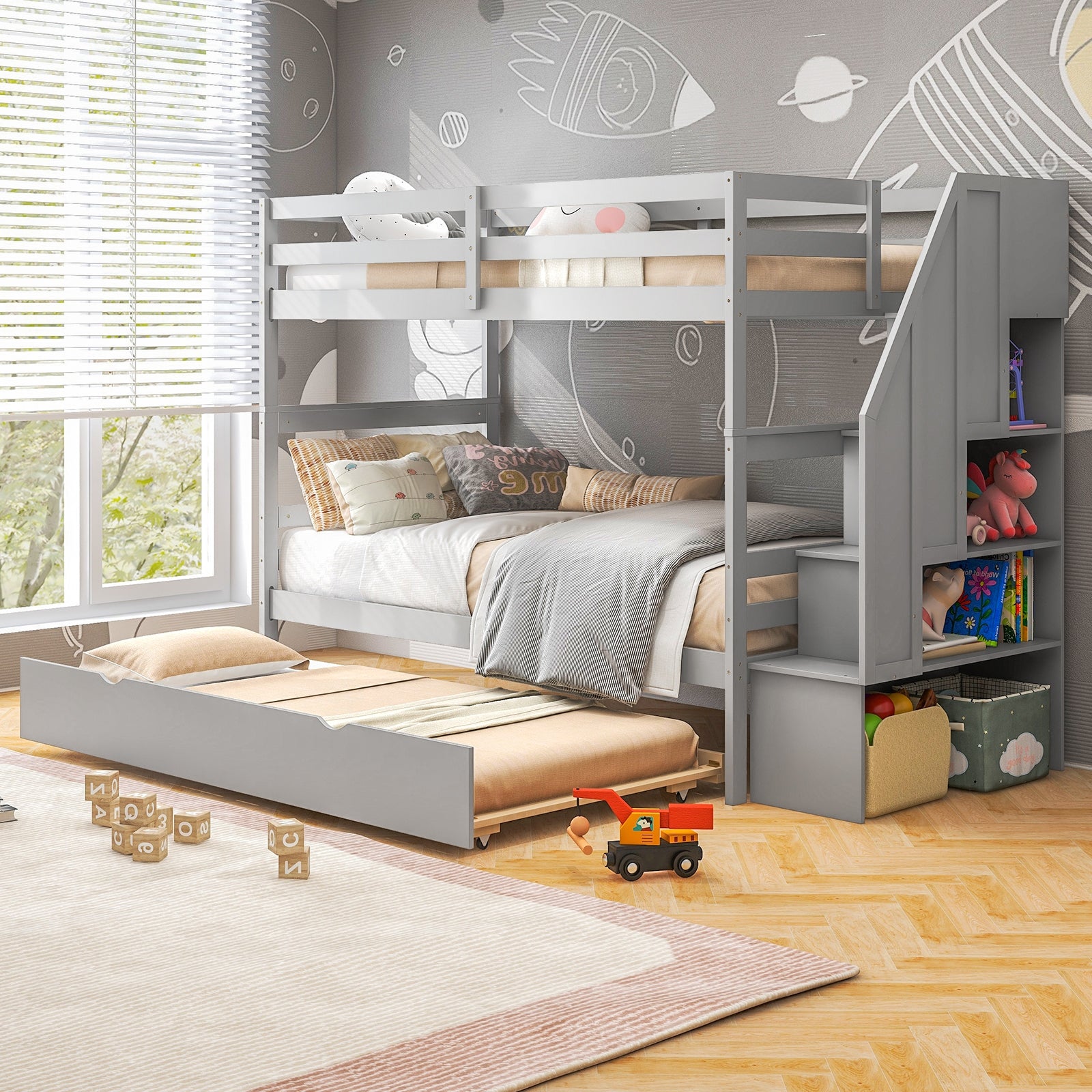 Home Wood Bunk Bed with Guard Rail and 4-step Storage Stairs No Box Spring Needed, Gray Bunk Bed Frame at Gallery Canada