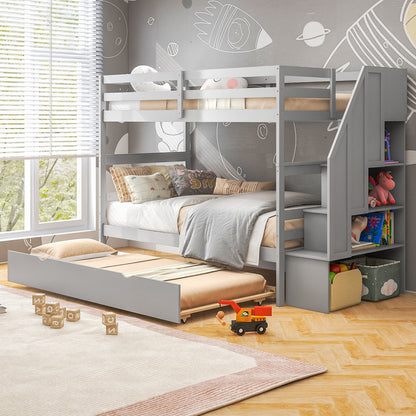 Home Wood Bunk Bed with Guard Rail and 4-step Storage Stairs No Box Spring Needed, Gray Bunk Bed Frame at Gallery Canada