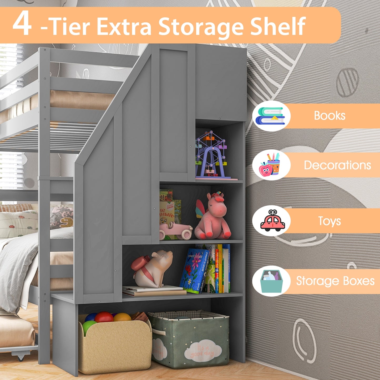 Wood Bunk Bed with Guard Rail, Storage Stairs, Gray Bunk Bed Frame at Gallery Canada