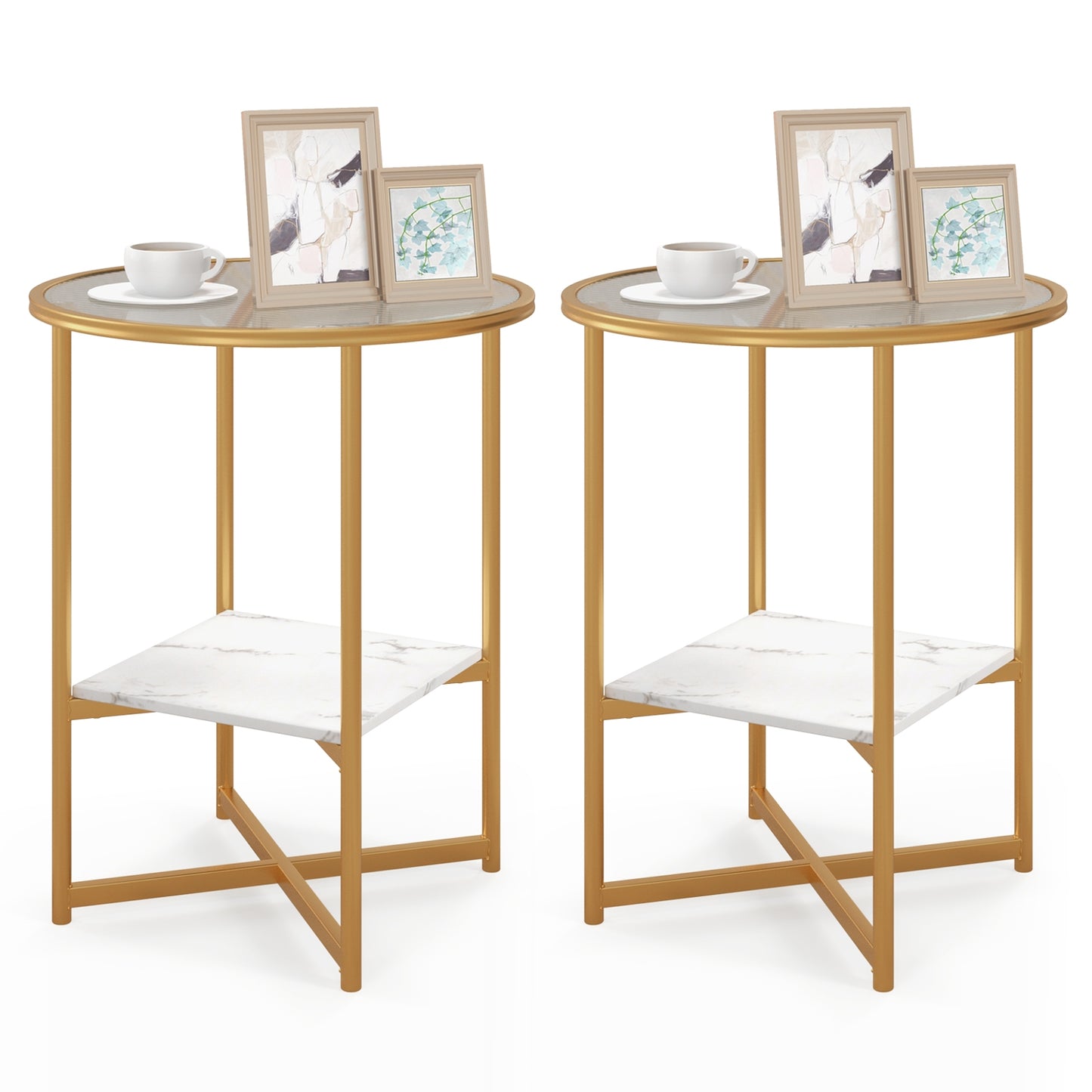 2-Tier Glass End Table Set, Faux Marble Storage Shelf, White End & Side Tables White at Gallery Canada
