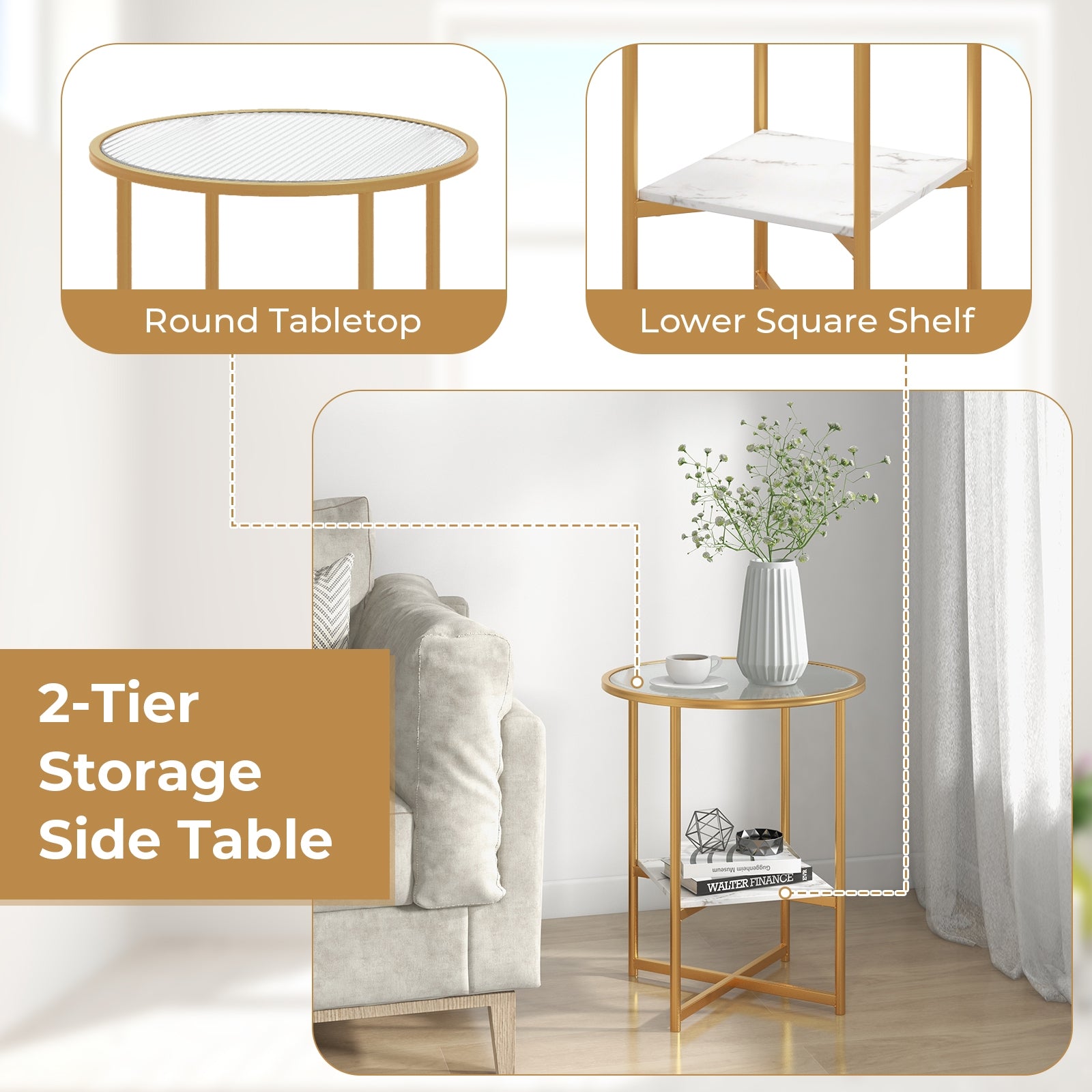 2-Tier Glass End Table Set of 2 with Faux Marble Storage Shelf, White End & Side Tables at Gallery Canada