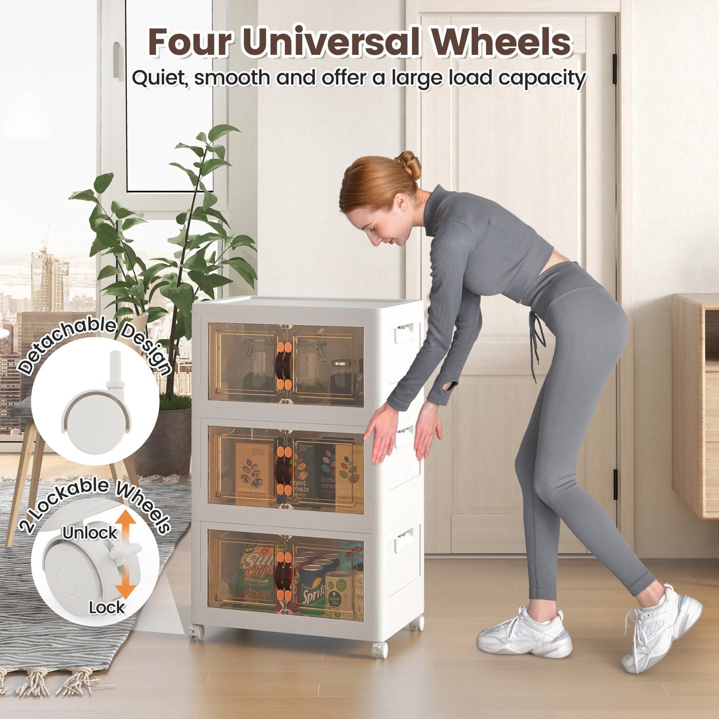 Stackable Storage Bins with Lockable Wheels-3 Pack, White