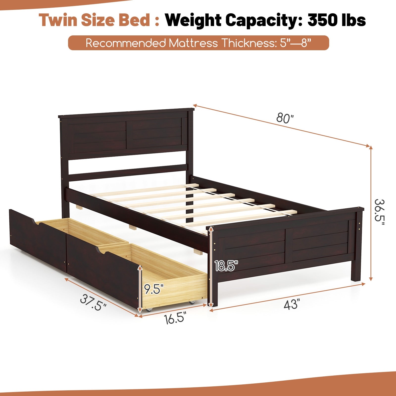 Twin Size Bed Frame with Storage Drawers, Espresso Trundle Bed Frame at Gallery Canada