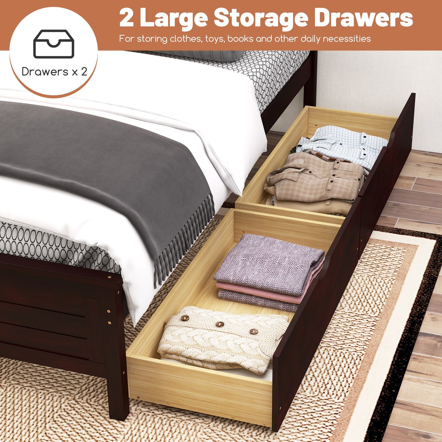 Twin Size Bed Frame with Storage Drawers, Espresso Trundle Bed Frame at Gallery Canada